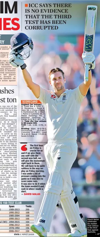  ?? — AP ?? Dawid Malan celebrates his maiden Test century in the third Test against Australia.