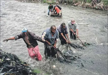  ?? Photo: Yasuyoshi Chiba/afp ?? People protection: Members of the local Kenyan voluntary group the Canaan Riverside Green Peace remove debris from a Nairobi river after heavy rains. The group cleans the river every weekend and has planted more than 500 trees to create a forest.