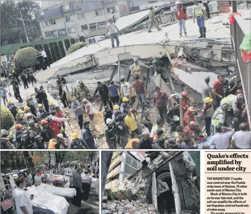  ??  ?? Above, rescue workers search for children trapped inside the collapsed Enrique Rebsamen school in Mexico City; left, patients lie on their hospital beds; right, a man stands in the door frame, virtually the only part still standing of a building that...