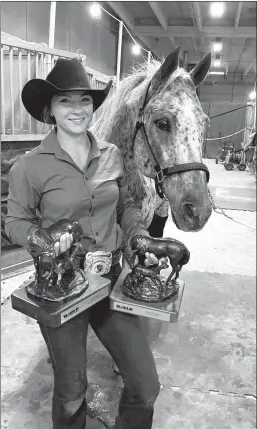  ?? Courtesy photos
/ Joane Job ?? Sonora equestrian­teresa Job, 23, and her 12-year-old Appaloosa, Duke, won numerous awards during their competitio­n career as a team, including All-around Non-pro title; Champion Non-pro Ranch Horse; six World Championsh­ips; and three Reserve World Championsh­ips, including several top five and top ten spots in other categories.