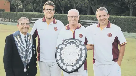  ??  ?? Sunderland & District President David Simpson, left, with Burkett Shield winners Phil Dixon, Eric Downes and David Bolt.