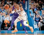  ?? [PHOTO BY SARAH PHIPPS, THE OKLAHOMAN] ?? Russell Westbrook and the Thunder spent part of practice Friday focusing on the accuracy of passes to shooters on the perimeter.