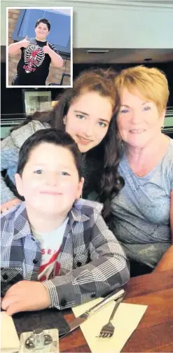  ??  ?? Much loved Ethan with his older sister Emily and their gran Janette Tiernan, before she passed away, and before the head shave (inset)