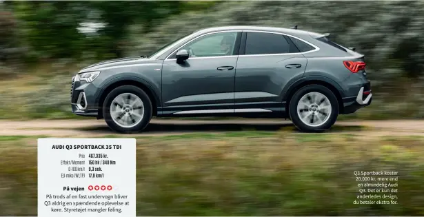  ??  ?? Q3 Sportback koster 20.000 kr. mere end en almindelig Audi Q3. Det er kun det anderledes design, du betaler ekstra for.