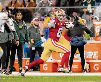  ?? Michael Zagaris/Getty Images ?? George Kittle and the 49ers are hoping to get over their NFC Championsh­ip Game hurdle Sunday after falling short the previous two seasons.