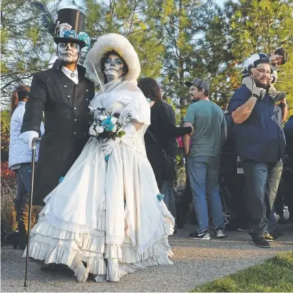  ?? Photos by Kathryn Scott, The Denver Post ?? Rosa Estrada and Carlos Cortes, dressed as bride and groom, join a large crowd of visitors at the Denver Botanic Gardens’ Day of the Dead celebratio­n Saturday.