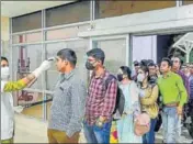  ?? PTI ?? Passengers undergo screening at Agartala Airport on March 8.