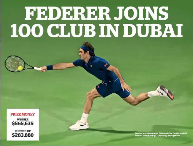  ?? Photo by Neeraj Murali ?? federer in action against Tsitsipas in the final of the ddf Tennis Championsh­ips. —
