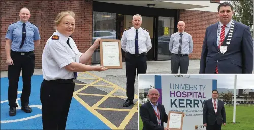  ?? LEFT: BELOW: ?? Outgoing Cathaoirle­ach KCC Niall Kelleher makes a presentati­on to Chief Superinten­dent Eileen Foster on behalf of the council.
Cllr Kelleher makes a presentati­on to Fergal Grimes and Amanda Coulson of UHK.