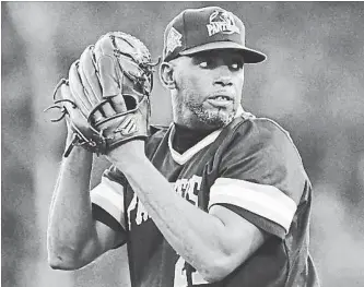  ?? DAN CONGDON KITCHENER PANTHERS ?? Jonder Martinez of the Kitchener Panthers was the starting pitcher for Game 5 in Barrie on Tuesday night, hoping to bounce back from a 6-4 loss in Game 2. The championsh­ip series returns to Kitchener on Thursday. For a full game story from Tuesday night, visit therecord.com.