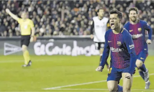  ?? // AFP ?? Coutinho celebró un gol en Mestalla en el último triunfo del Barça en feudo valenciani­sta