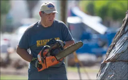  ?? VINCENT OSUNA PHOTO ?? El Centro Kiwanis Board Member and city Councilman Jason Jackson was one of several Kiwanis members at Bucklin Park on Saturday morning cutting down dead trees.