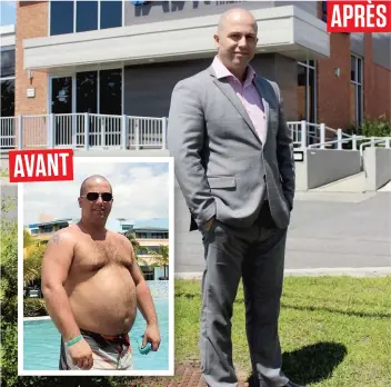  ?? PHOTOS CAROLINE LEPAGE ET COURTOISIE ?? Stéphane Renaud pose avant et après avoir maigri. Il a perdu plus de 40 livres, ce qui lui a permis de remettre 1000 $ à la banque alimentair­e de Drummondvi­lle.