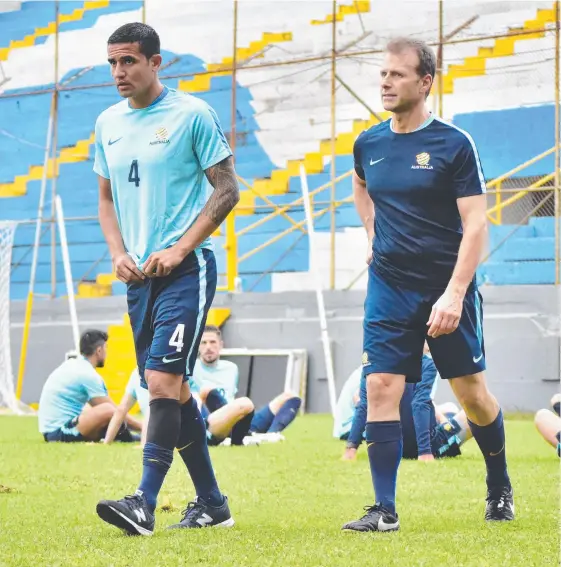  ?? Picture: AP PHOTO ?? Tim Cahill (left) warms up during a training session at the Francisco Morazan Stadium in San Pedro Sula, Honduras.