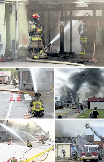  ?? TOP AND LEFT PHOTOS BY GRANT LAFLECHE/RIGHT PHOTOS BY BOB TYMCZYSZYN/STANDARD STAFF ?? Grimsby firefighte­rs attack the blaze that destroyed a commercial/residentia­l building on Main Street Thursday.