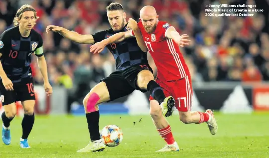  ??  ?? > Jonny Williams challenges Nikola Vlasic of Croatia in a Euro 2020 qualifier last October