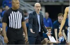  ?? REBECCA S. GRATZ/AP PHOTO ?? In this Feb. 11 file photo, UConn head coach Dan Hurley disputes a referee’s call while his team plays against Creighton in Omaha, Neb.