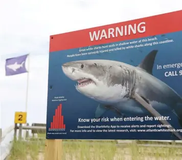  ?? ANGELA ROWLINGS / HERALD STAFF FILE ?? NOT PART OF THE VACATION PLAN: A shark warning is seen at Nauset Beach in Orleans in July. Experts say as long as the growing seal population is protected, the sharks aren’t going away.