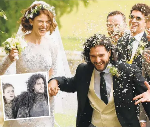  ?? SPLASHNEWS.COM ?? Game of Thrones co-stars Rose Leslie and Kit Harington (above) are showered with rose petal confetti after getting married on Saturday. Leslie (inset) plays Ygritte while Harington plays Jon Snow in Game of Thrones. Peter Dinklage (bottom right)...