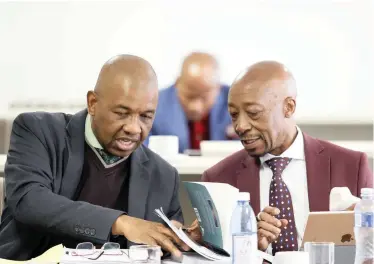  ?? | SIMPHIWE MBOKAZI African News Agency (ANA) ?? DISMISSED former Sars commission­er Tom Moyane (right) and his advocate, Dali Mpofu, at a hearing in Sandton in July.