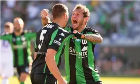  ?? Photograph: James Ross/AAP ?? Western United’s Alessandro Diamanti makes clear his appreciati­on for Dylan Pierias’s second goal against Perth Glory at Geelong’s GMHBA Stadium on Saturday.