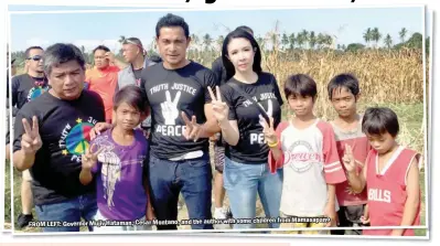  ??  ?? some children from Mamasapano FROM LEFT: Governor Mujiv Hataman, Cesar Montano, and the author with