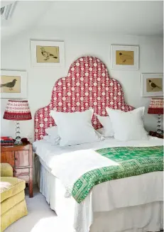  ??  ?? BEDROOM
Playing with bold pattern has paid off here – the mix is vibrant but evokes a wonderfull­y luxe feel. Headboard in Killi Red,
Penny Morrison. Walls in
Slipper Satin, Farrow & Ball.
Lampshades from Samarkand Design
MAIN BATHROOM
The existing space was revamped by adding a marble surround to the bath and putting in a new patterned floor. Carrara marble, Marble City. Mosaic floor, Fired
Earth. Similar blind fabric, Colefax and Fowler