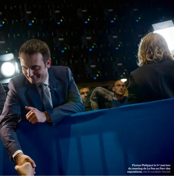  ?? PHOTO LAURENT TROUDE ?? Florian Philippot le 1er mai lors du meeting de Le Pen au Parc des exposition­s.