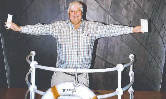  ??  ?? Australian billionair­e Clive Palmer poses in front of an artist impression of the Titanic ll in Los Angeles in 2012. Picture: AP Photo/Crook Publicity