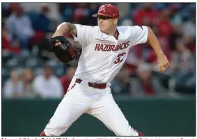  ?? (NWA Democrat-Gazette/Andy Shupe) ?? Arkansas left-hander Patrick Wicklander scattered 6 hits in 52/3 innings Friday night against Georgia at Baum-Walker Stadium in Fayettevil­le. Wicklander improved to 4-1 this season as the Razorbacks defeated Georgia 3-0. More photos are available at arkansason­line.com/58ugaua/