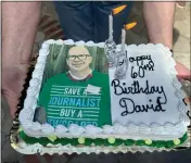  ?? DAVID ALLEN — STAFF ?? A dessert is presented Sunday at a Riverside party for our columnist’s 60th birthday. To see his own image on top was the icing on the cake.