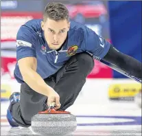  ?? MICHAEL BURNS/CURLING CANADA ?? Team Gushue second Brett Gallant concentrat­es on making a throw during play at the Tim Hortons Roar of the Rings Olympic Curling Trials, being held this week in Ottawa.
