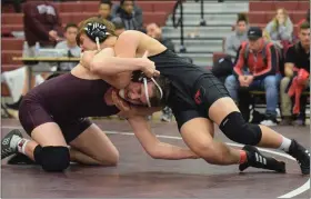  ?? AUSTIN HERTZOG - MEDIANEWS GROUP ?? Pottsgrove’s Zachary Van Horn, left, and Boyertown’s Anthony Bauer battle during the 220-pound final at the PAC Championsh­ips Saturday at Pottsgrove. Van Horn won 9-0.