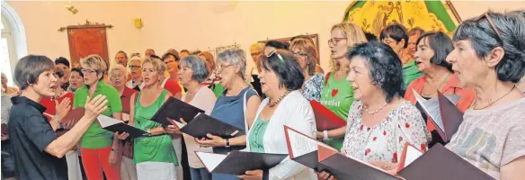  ?? FOTOS (7): ROLAND RAY ?? „Laupheim, unsere liebe kleine Stadt“: Frauen und Männer aus dem Gemischten und dem Offenen Chor des Sängerbund­s haben zur Eröffnung der Heimatfest­ausstellun­g gesungen.