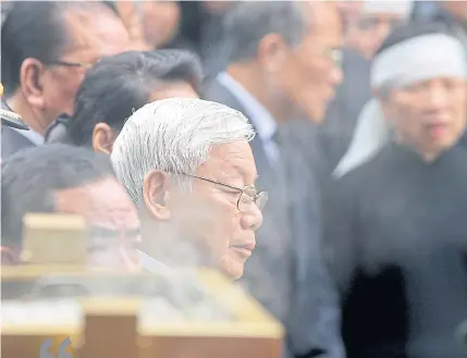  ?? EPA ?? Vietnam’s Communist Party chief, Nguyen Phu Trong, looks on during the funeral of late president Tran Dai Quang in Hanoi, Vietnam on Sept 27.