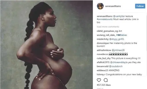  ??  ?? NATURAL GLORY: Instagram image screengrab of Serena Williams.