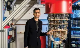  ?? Photograph: Reuters ?? Sundar Pichai, pictured with the Sycamore Quantum processor, compared the feat to building the first rocket to reach space.