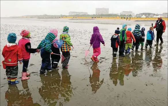  ??  ?? Eine Wanderung bei Ebbe durch das Wattenmeer der Nordsee macht nicht nur den Kindern Spaß. Foto: Ingo Wagner, dpa