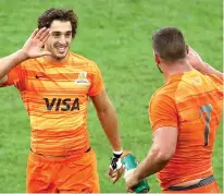  ??  ?? Joy: Bautista Ezcurra celebrates his try for the Jaguares