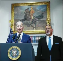  ?? AL DRAGO/THE NEW YORK TIMES ?? President Joe Biden, shown Aug. 24, speaks about student loan forgivenes­s with Education Secretary Miguel Cardona (right) at his side in Washington. Legal challenges have put student debt relief on hold. The Supreme Court heard the case Tuesday.