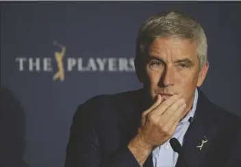  ?? ASSOCIATED PRESS ?? IN THIS MARCH 13 FILE PHOTO, PGA Tour Commission­er Jay Monahan is shown during a news conference in Ponte Vedra Beach, Fla.