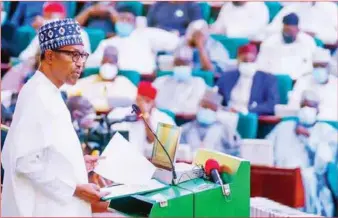  ?? ?? President Buhari at the presentati­on of the 2022 Budget at the National Assembly in 2021