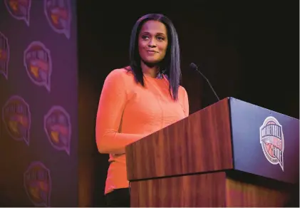  ?? JESSICA HILL/AP ?? Basketball Hall of Fame Class of 2022 inductee Swin Cash speaks at a news conference Friday at Mohegan Sun in Uncasville.