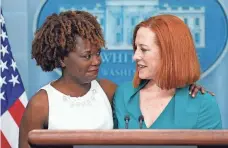  ?? EVAN VUCCI/AP ?? White House press secretary Jen Psaki introduces her replacemen­t, Karine Jean-Pierre, at a press briefing Thursday.