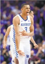  ?? Andy Lyons / Getty Images ?? Kentucky’s Keldon Johnson celebrates after making a basket against top-ranked Tennessee.