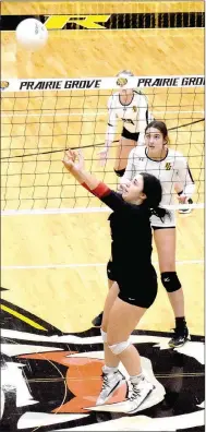  ?? Photograph by Mark Humphrey ?? Pea Ridge senior Izzy Smith sets up a hit. Smith recorded several timely assists to lead the Lady Blackhawks to a Tuesday, Sept. 14, road win by scores of 21-25, 25-20, 25-17, 27-25 at Prairie Grove in 4A-1 volleyball action.