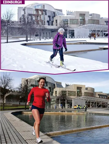  ??  ?? EDINBURGH
Topsy turvy: A woman skiing at Holyrood on February 10, and a jogger in the same location last week