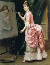  ??  ?? Dans
l’atelier, de Raimundo de Madrazo y Garreta (18411920). Le modèle, Aline Masson, fait son autoportra­it et une caricature du peintre.