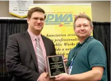  ??  ?? City of Moose Jaw director of engineerin­g Josh Mickleboro­ugh is presented the Profession­al Manager of the Year award for Administra­tive Management by SPWA president Dale Petrun.