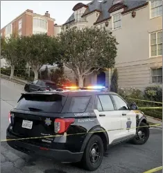  ?? AP photo ?? A police car blocks the street below the home of Paul Pelosi, the husband of House Speaker Nancy Pelosi, in San Francisco on Friday. Paul Pelosi, was attacked and severely beaten by an assailant with a hammer who broke into their San Francisco home early Friday, according to people familiar with the investigat­ion.